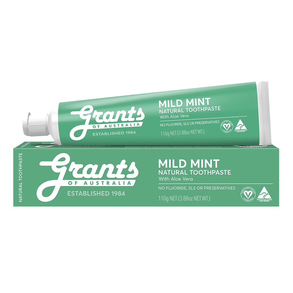 Tube of Grants of Australia Mild Mint Natural Toothpaste on top of its box