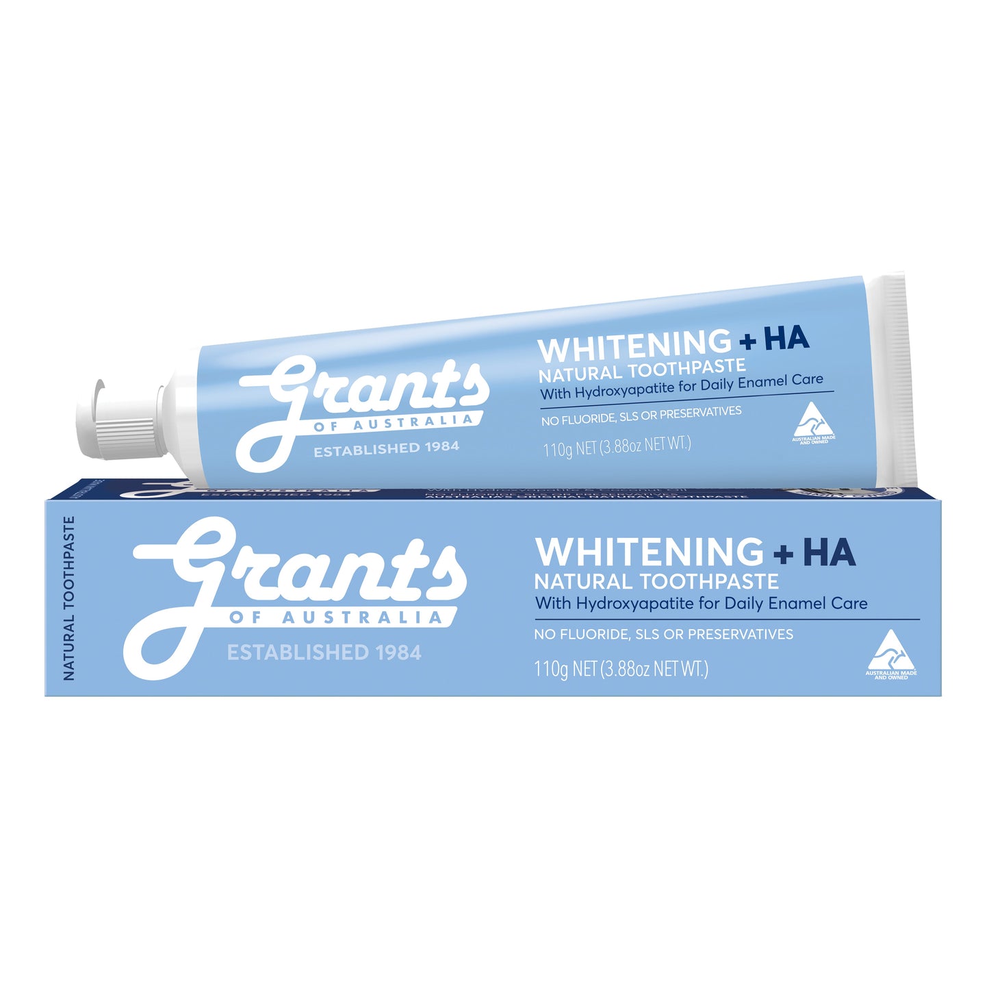 Tube of Grants Whitening +HA Toothpaste sitting on top of its box